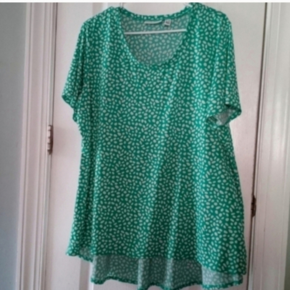 Susan Graver Green Pink Polka Dot Women's Top 1X Office Dressy Spring Summer